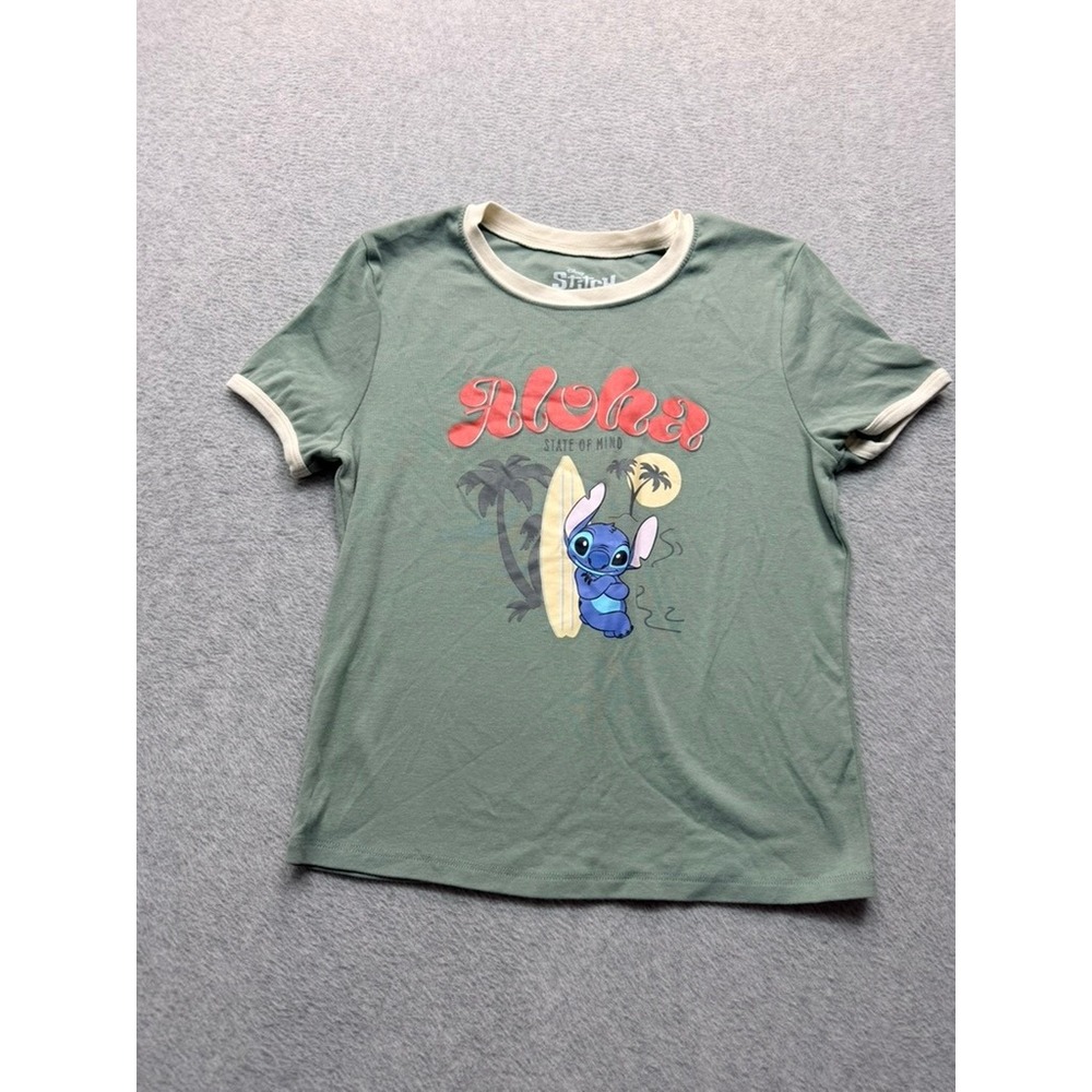 Disney Stitch Aloha State of Mind Sage Green Ringer Graphic T-Shirt Small